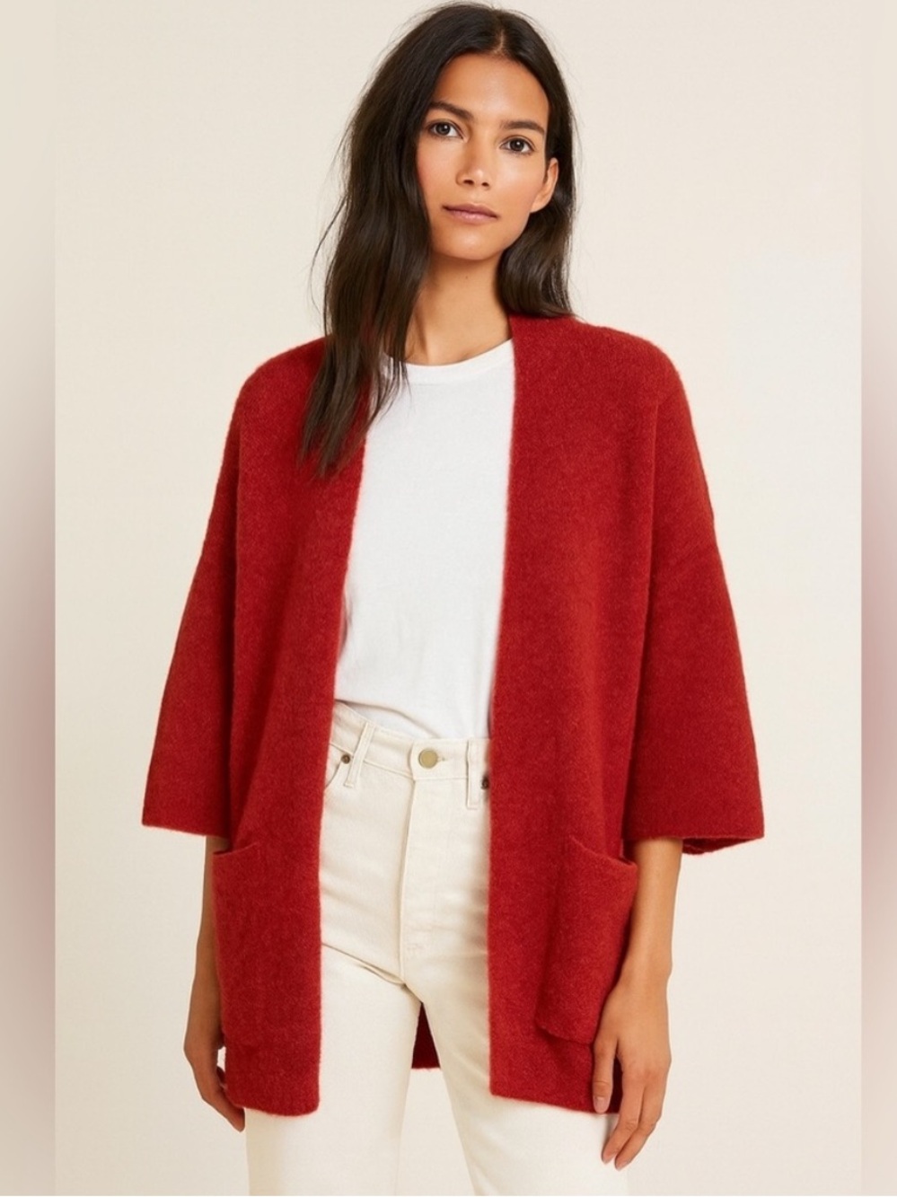 Peruvian Connection Royal Alpaca Open Front Red Knit Cardigan Medium